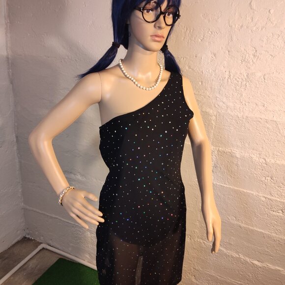 Shein Black One Shoulder Sheer Sequin Diamonds Over-lay Dress Bodysuit Size L - Picture 5 of 11